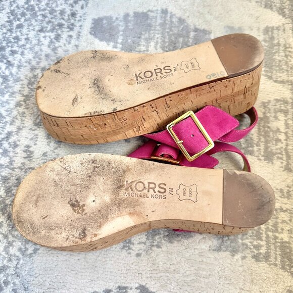KORS Michael Kors Pink Suede and Cork Platform Sandals - Picture 11 of 12